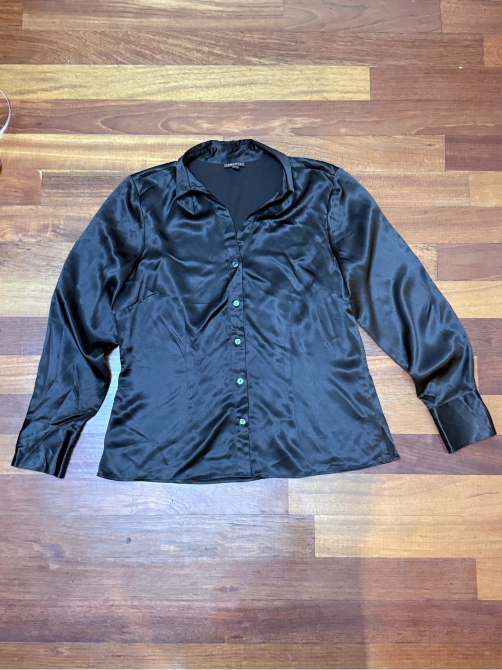 Tesori 100% Silk Chocolate Brown Satin Blouse Large Button Front